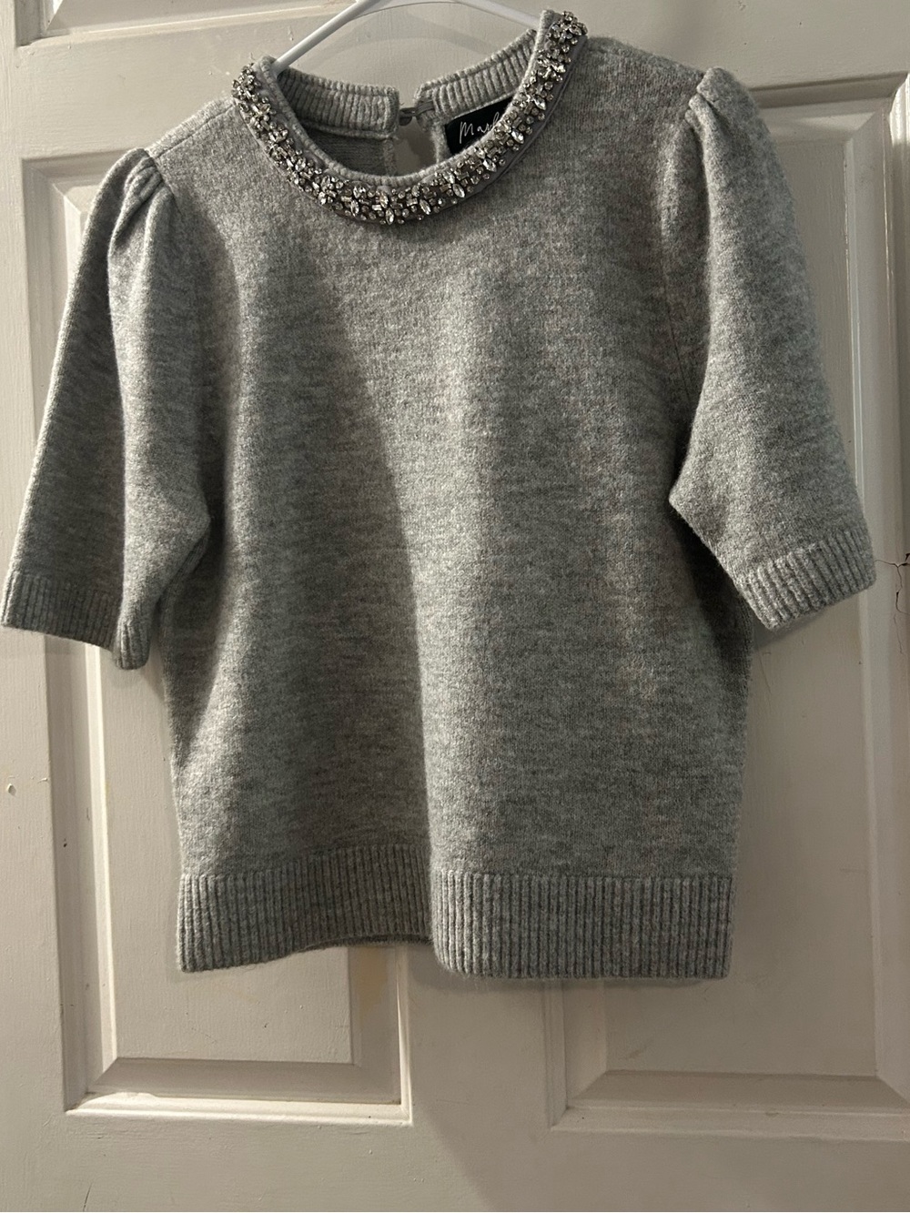Marled Gray Jeweled-Collar Short Sleeve Sweater